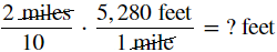 The image shows a unit fraction 2 miles over 10, times, 5,280 feet over 1 mile, equals, question mark feet. The units, miles and mile, are crossed out.